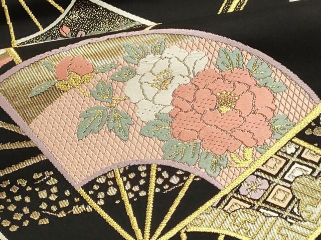 平和屋本店▼六通柄袋帯　唐織　春秋百扇文　黒地　本金箔　正絹　逸品　DABK5600sf
