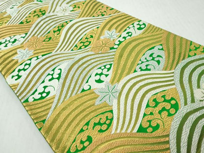 平和屋着物◎西陣　服部織物謹製　白鳥緞子　六通柄袋帯　唐織　流水草花文　金銀糸　正絹　逸品　DABK0638ud
