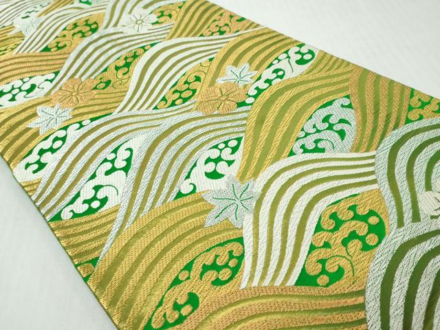 平和屋着物◎西陣　服部織物謹製　白鳥緞子　六通柄袋帯　唐織　流水草花文　金銀糸　正絹　逸品　DABK0638ud