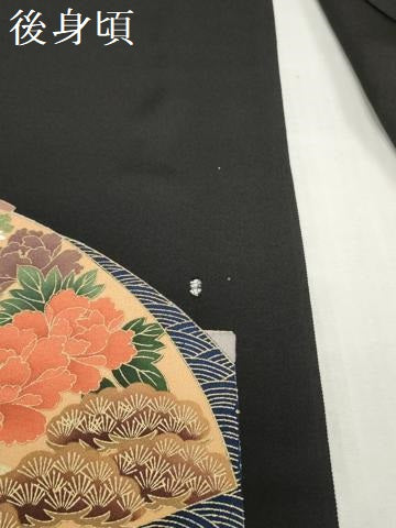 平和屋着物▼黒留袖　解き反物　着尺　駒刺繍　地紙草花文　金彩　逸品　DABK3844zy