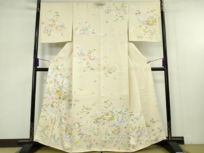 平和屋本店●極上　訪問着　駒刺繍　松竹梅　花丸文　鳥の子色地　暈し染め　反端付き　逸品　未使用　DZAB6825kh6