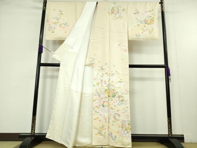 平和屋本店●極上　訪問着　駒刺繍　松竹梅　花丸文　鳥の子色地　暈し染め　反端付き　逸品　未使用　DZAB6825kh6