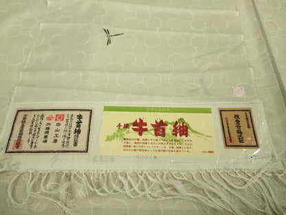 平和屋本店＊極上　夏物　石川県指定無形文化財　夏牛首紬　白山工房　手織り　蜻蛉　トンボ　砂色地　証紙付き　逸品　DZAA8494kh6