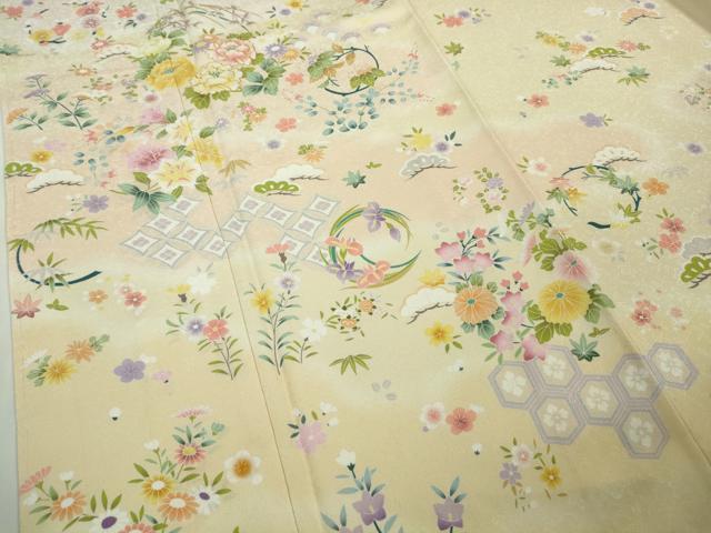 平和屋本店●極上　訪問着　駒刺繍　松竹梅　花丸文　鳥の子色地　暈し染め　反端付き　逸品　未使用　DZAB6825kh6