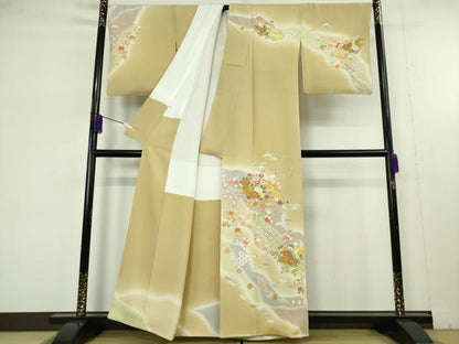 平和屋本店●極上　創業460年・千總　訪問着　駒刺繍　地紙吉祥花文　濃い蒸栗色地　暈し染め　金彩　大丸扱い　逸品　DZAB6344kh6