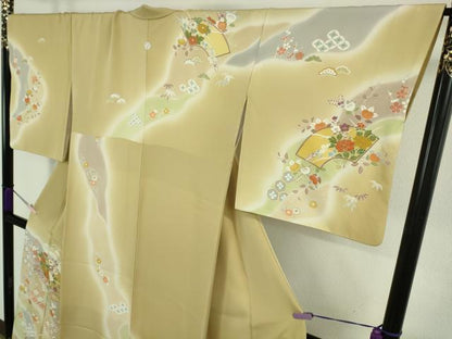 平和屋本店●極上　創業460年・千總　訪問着　駒刺繍　地紙吉祥花文　濃い蒸栗色地　暈し染め　金彩　大丸扱い　逸品　DZAB6344kh6