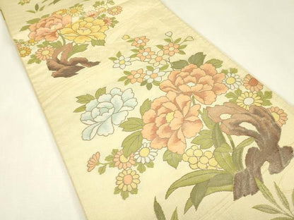 平和屋着物▼六通柄袋帯　流水牡丹文　正絹　逸品　DABK4105az