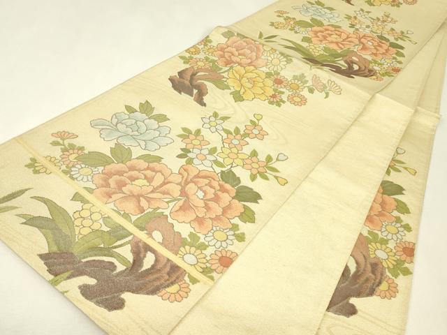 平和屋着物▼六通柄袋帯　流水牡丹文　正絹　逸品　DABK4105az
