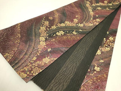 平和屋着物▼両面　六通柄袋帯　舞桜文　金糸　正絹　逸品　DABK4124az