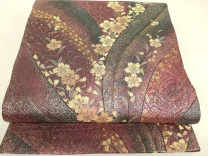 平和屋着物▼両面　六通柄袋帯　舞桜文　金糸　正絹　逸品　DABK4124az