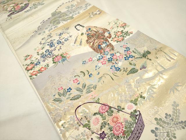 平和屋本店▼西陣 「美しいキモノ」お馴染みのメーカー となみ織物 毎田仁郎 六通柄袋帯 人物花籠文 純金箔 証紙付き 逸品 DABK5076ea