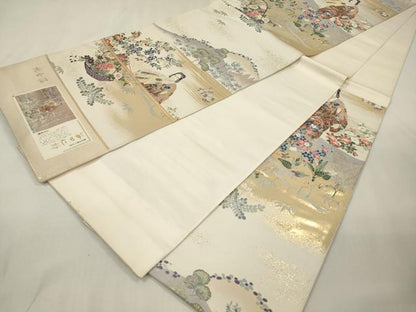 平和屋本店▼西陣 「美しいキモノ」お馴染みのメーカー となみ織物 毎田仁郎 六通柄袋帯 人物花籠文 純金箔 証紙付き 逸品 DABK5076ea