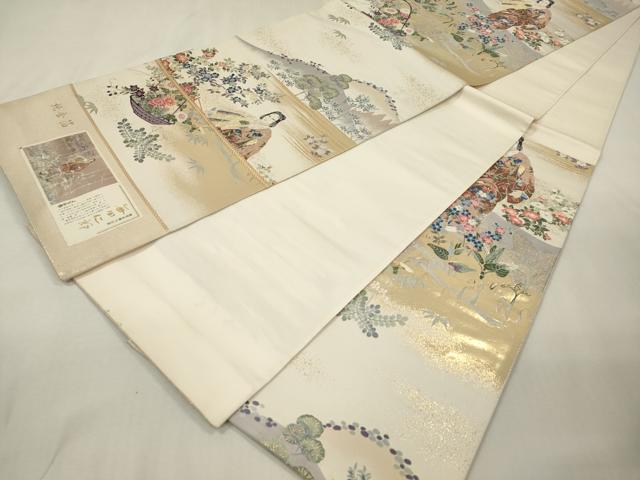平和屋本店▼西陣 「美しいキモノ」お馴染みのメーカー となみ織物 毎田仁郎 六通柄袋帯 人物花籠文 純金箔 証紙付き 逸品 DABK5076ea