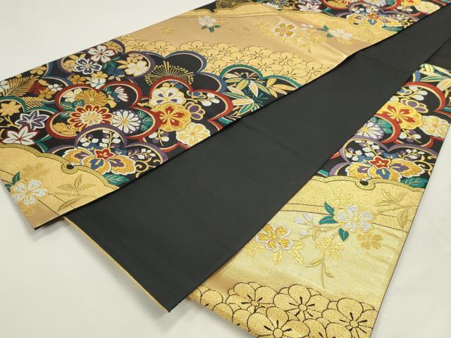 平和屋着物◎六通柄袋帯　唐織　舞花文　黒地　ラメ糸　金糸　正絹　逸品　DABK8551cm