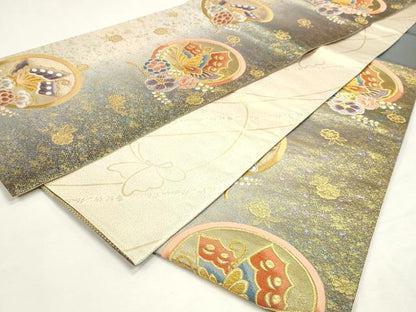 平和屋着物◎両面　六通柄袋帯　唐織　舞蝶花文　金銀糸　正絹　逸品　DABK8543cm