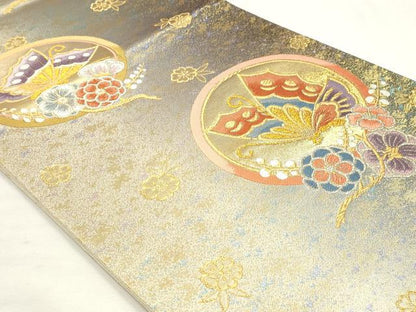 平和屋着物◎両面　六通柄袋帯　唐織　舞蝶花文　金銀糸　正絹　逸品　DABK8543cm