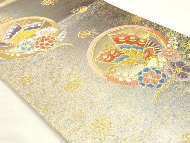 平和屋着物◎両面　六通柄袋帯　唐織　舞蝶花文　金銀糸　正絹　逸品　DABK8543cm