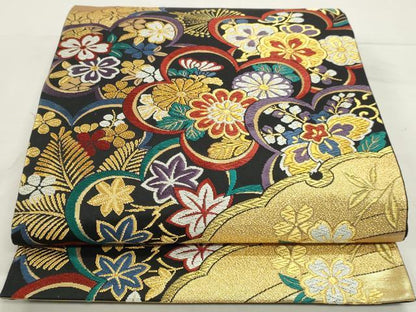平和屋着物◎六通柄袋帯　唐織　舞花文　黒地　ラメ糸　金糸　正絹　逸品　DABK8551cm