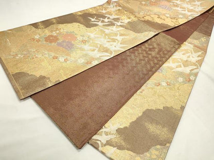 平和屋着物◎光悦佐賀錦　六通柄袋帯　飛鳥花文　金糸　正絹　逸品　DABK8546cm