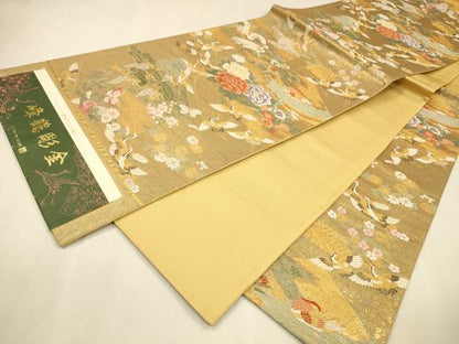 平和屋着物▼西陣　やまひで謹製　六通柄袋帯　唐織　群鶴花文　峰鶴彫金　証紙付き　正絹　逸品　未使用　DABJ7599fe