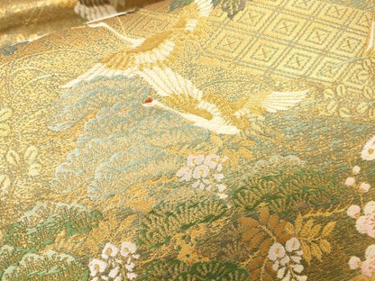 平和屋着物▼西陣　やまひで謹製　六通柄袋帯　唐織　群鶴花文　峰鶴彫金　証紙付き　正絹　逸品　未使用　DABJ7599fe