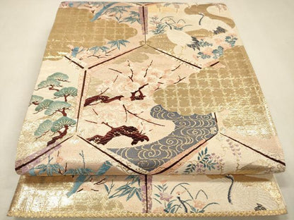 平和屋着物▼六通柄袋帯　唐織　光輝雅錦　亀甲群鶴花文　金箔　正絹　逸品　DABJ7714fe