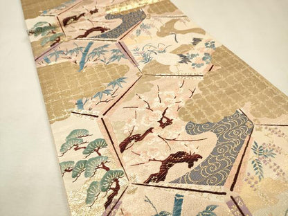 平和屋着物▼六通柄袋帯　唐織　光輝雅錦　亀甲群鶴花文　金箔　正絹　逸品　DABJ7714fe