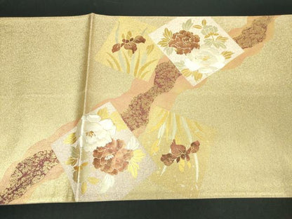 平和屋着物◎太鼓柄袋帯　刺繍　色紙重ね花文　金彩　正絹　逸品　DABK9546cd