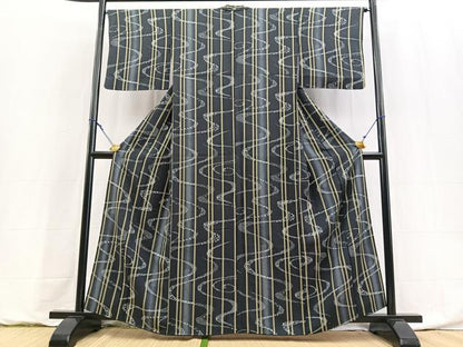 平和屋着物■上質な小紋　流水花文　暈し染め　黒地　正絹　逸品　BAAY9155yc