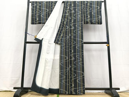 平和屋着物■上質な小紋　流水花文　暈し染め　黒地　正絹　逸品　BAAY9155yc