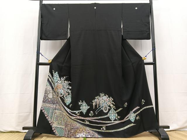 平和屋着物●豪華黒留袖　花車更紗花文　金銀彩　正絹　逸品　BAAY9186yc