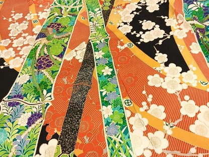 平和屋着物●豪華振袖　駒刺繍　鳳凰草花文　黒地　金彩　正絹　逸品　BAAY9185yc