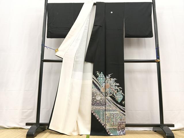 平和屋着物●豪華黒留袖　花車更紗花文　金銀彩　正絹　逸品　BAAY9186yc