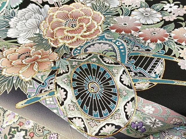 平和屋着物●豪華黒留袖　花車更紗花文　金銀彩　正絹　逸品　BAAY9186yc