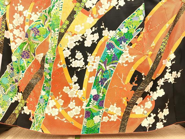 平和屋着物●豪華振袖　駒刺繍　鳳凰草花文　黒地　金彩　正絹　逸品　BAAY9185yc