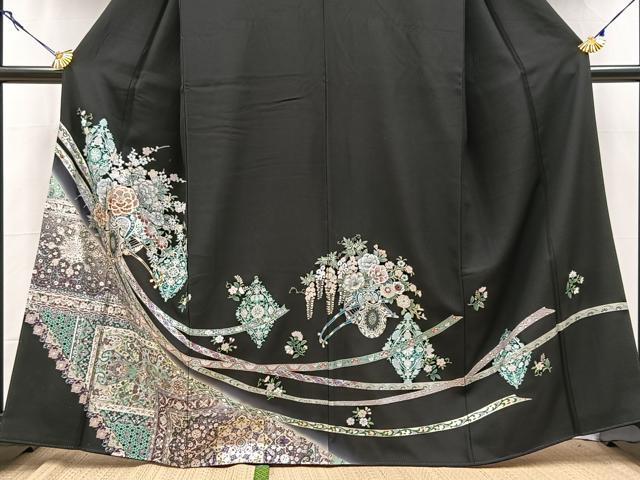 平和屋着物●豪華黒留袖　花車更紗花文　金銀彩　正絹　逸品　BAAY9186yc