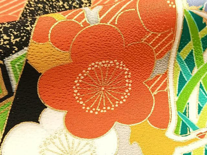 平和屋着物●豪華振袖　駒刺繍　鳳凰草花文　黒地　金彩　正絹　逸品　BAAY9185yc