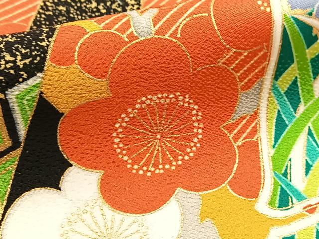 平和屋着物●豪華振袖　駒刺繍　鳳凰草花文　黒地　金彩　正絹　逸品　BAAY9185yc