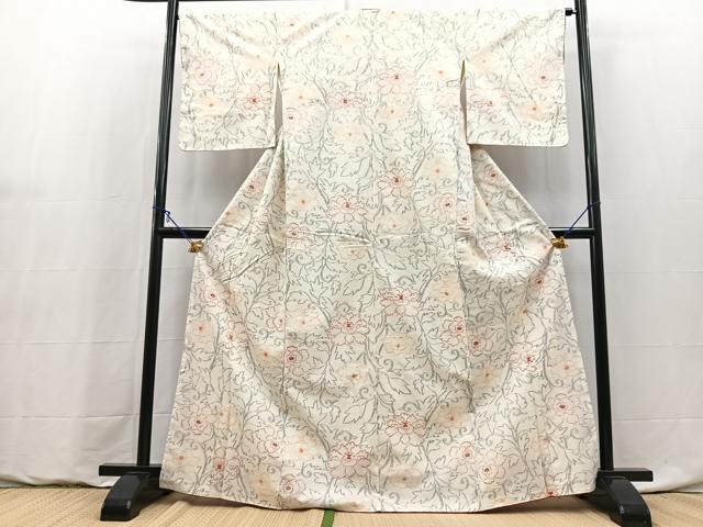 平和屋着物●上質な紬　牡丹唐草文　正絹　逸品　BAAY9198yc