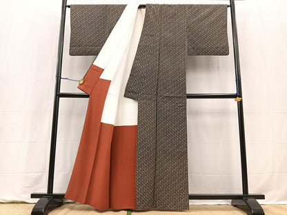平和屋着物■上質な小紋　紬地　幾何学文様　正絹　逸品　BAAY9277yc