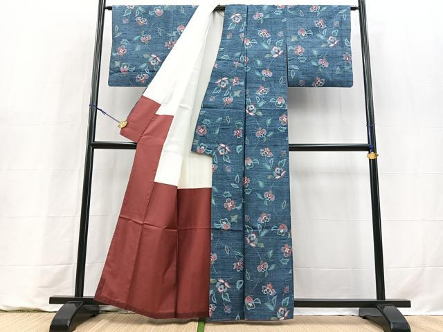 平和屋着物■上質な紬　更紗花文　正絹　逸品　BAAY9288yc