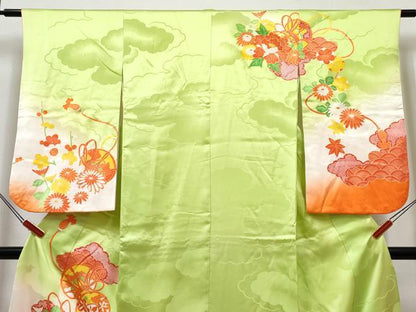 平和屋着物∵女の子　十三参り　子供　祝着・長襦袢(無双仕立て・半衿刺繍)セット　駒刺繍　鼓花文　暈し染め　金彩　逸品　DABK1639ma
