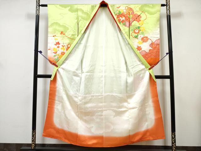 平和屋着物∵女の子　十三参り　子供　祝着・長襦袢(無双仕立て・半衿刺繍)セット　駒刺繍　鼓花文　暈し染め　金彩　逸品　DABK1639ma