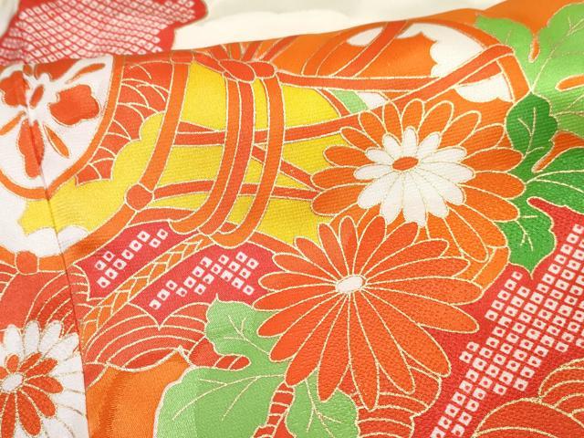 平和屋着物∵女の子　十三参り　子供　祝着・長襦袢(無双仕立て・半衿刺繍)セット　駒刺繍　鼓花文　暈し染め　金彩　逸品　DABK1639ma