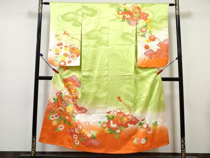 平和屋着物∵女の子　十三参り　子供　祝着・長襦袢(無双仕立て・半衿刺繍)セット　駒刺繍　鼓花文　暈し染め　金彩　逸品　DABK1639ma
