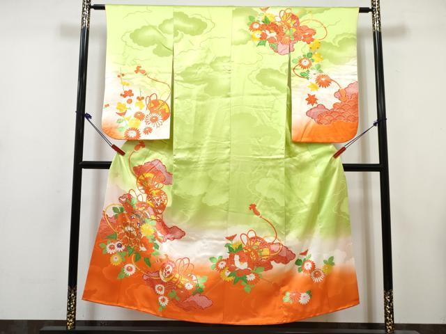 平和屋着物∵女の子　十三参り　子供　祝着・長襦袢(無双仕立て・半衿刺繍)セット　駒刺繍　鼓花文　暈し染め　金彩　逸品　DABK1639ma