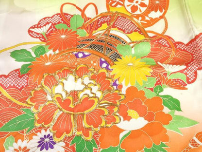 平和屋着物∵女の子　十三参り　子供　祝着・長襦袢(無双仕立て・半衿刺繍)セット　駒刺繍　鼓花文　暈し染め　金彩　逸品　DABK1639ma