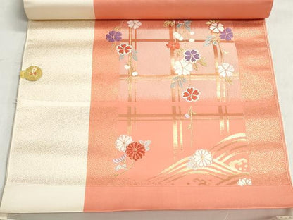 平和屋着物▼西陣　名古屋帯　帯反物　格子花文　金糸　証紙付き　逸品　未使用　DABJ9672we