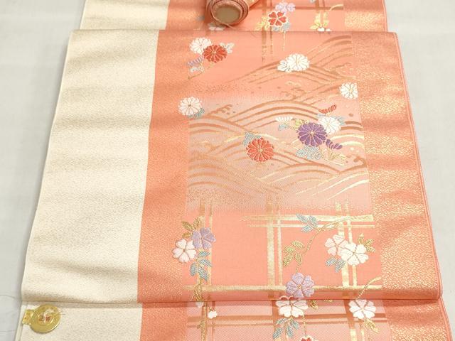 平和屋着物▼西陣　名古屋帯　帯反物　格子花文　金糸　証紙付き　逸品　未使用　DABJ9672we