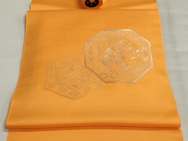 平和屋着物▼名古屋帯　帯反物　寿光織　花絵皿文　銀糸　逸品　未使用　DABJ9688we